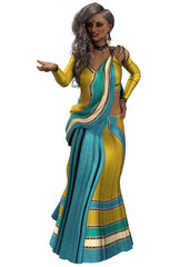 3D Indian girl in yellow saree