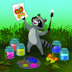 Cute cartoon raccon character in forest. Inspired and creative artist with drawn butterfly on paper list. Stylized color greeting card for children. Vector illustration, bright colours.