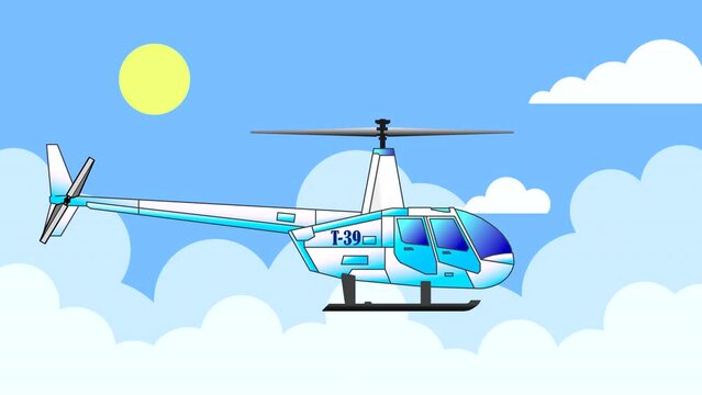 Close-up side view of a civil aviation helicopter rotates its blades against a blue sky with clouds. Abstract looping animation.