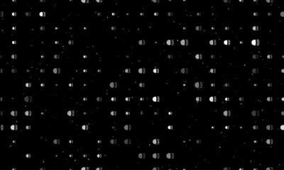 Seamless background pattern of evenly spaced white headlight symbols of different sizes and opacity. Vector illustration on black background with stars