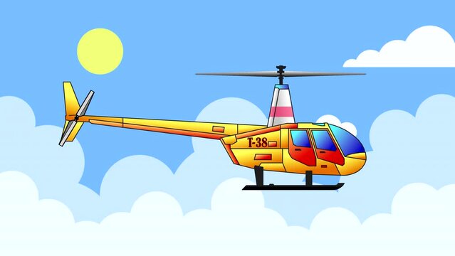 Close-up side view of a civil aviation helicopter rotates its blades against a blue sky with clouds. Abstract looping animation.