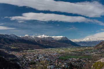 Giubiasco town from castle in Bellinzona town in spring fresh morning