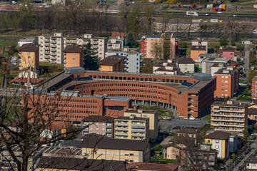 Bellinzona city from high hill over in spring color fresh morning