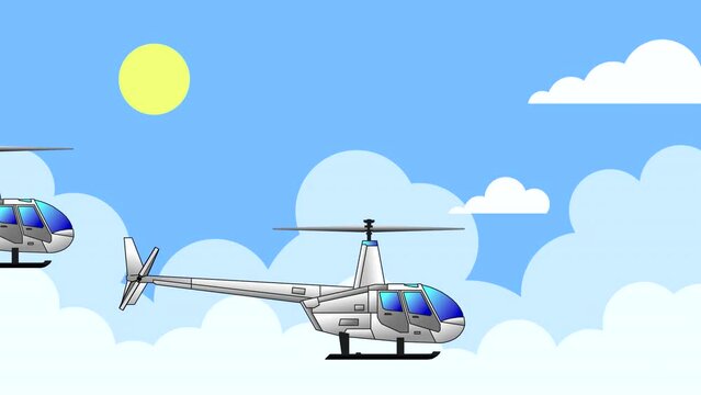 Three Civil Aviation Helicopters lined up in a close-up side view against a blue sky with clouds. Abstract looping animation.
