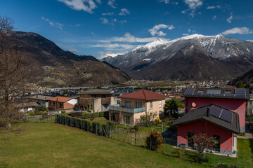 Fototapeta na wymiar Bellinzona city from high hill over in spring color fresh morning