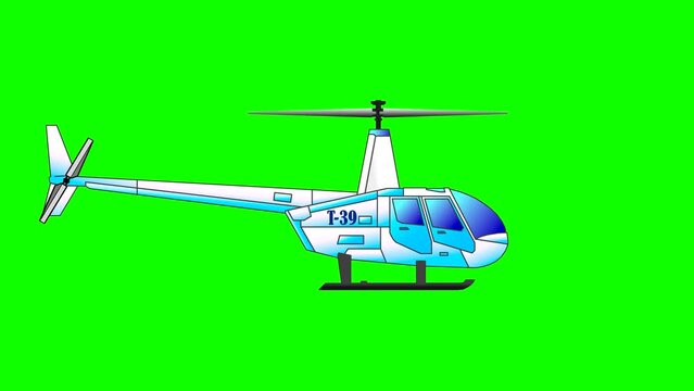 Close-up side view of a civil aviation helicopter rotates its blades on a green background. Abstract looping animation for clipping background  