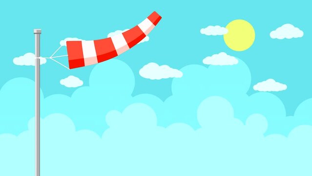 A red aerodrome windsock sways in the wind close-up against a blue sky with clouds and the sun.  Abstract looping animation with a flat pattern of transport. Looped plot.