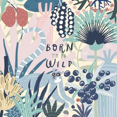 Vector doodle style lemur, plants, trees and leaves. Handwritten quote stay wild. Vector illustration © Milana