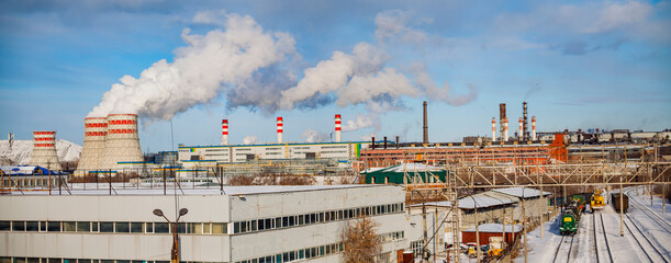 Industrial landscape. Cooling towers of a thermal power plant