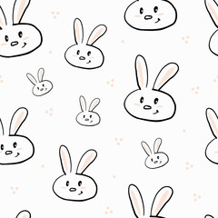 Cute seamless pattern with doodle rabbits and dots, vector illustration. Bunny character faces with beige ears and cheeks, funny animal for kids. Design for packaging