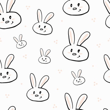 Cute seamless pattern with doodle rabbits and dots, vector illustration. Bunny character faces with beige ears and cheeks, funny animal for kids. Design for packaging