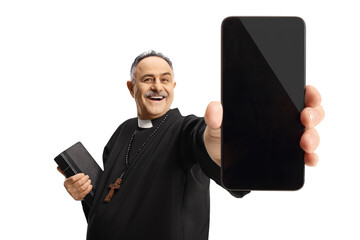 Priest showing a smartphone and holding a bible