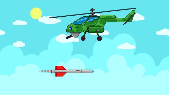 A military helicopter flies against the background of a blue sky with clouds close-up and moves away from a missile attack. Abstract looping animation with a flat pattern of transport. Looped plot.
