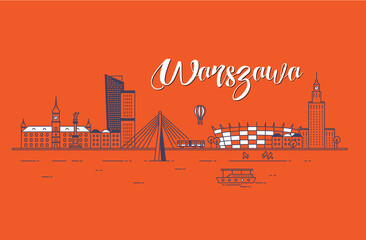 Panorama miasta Warszawa w minimalistycznym stylu liniowym.