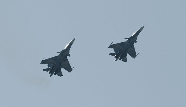 August 30, 2019, Zhukovsky, Russia. Russian multi-role Su-30SM fighters in the sky.