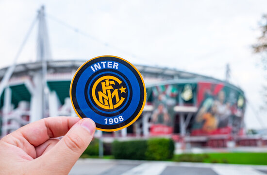August 30, 2021, Milan, Italy. The emblem of the football Inter Milan against the backdrop of a modern stadium.