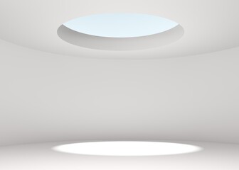 3d minimalistic white interior, space an opening in the center of a wall natural light sunshine and shadows Rendering illustration, mock up for presentation product or exhibitions for furniture