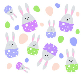 Easter pattern with cute rabbits on a white background, vector illustration.