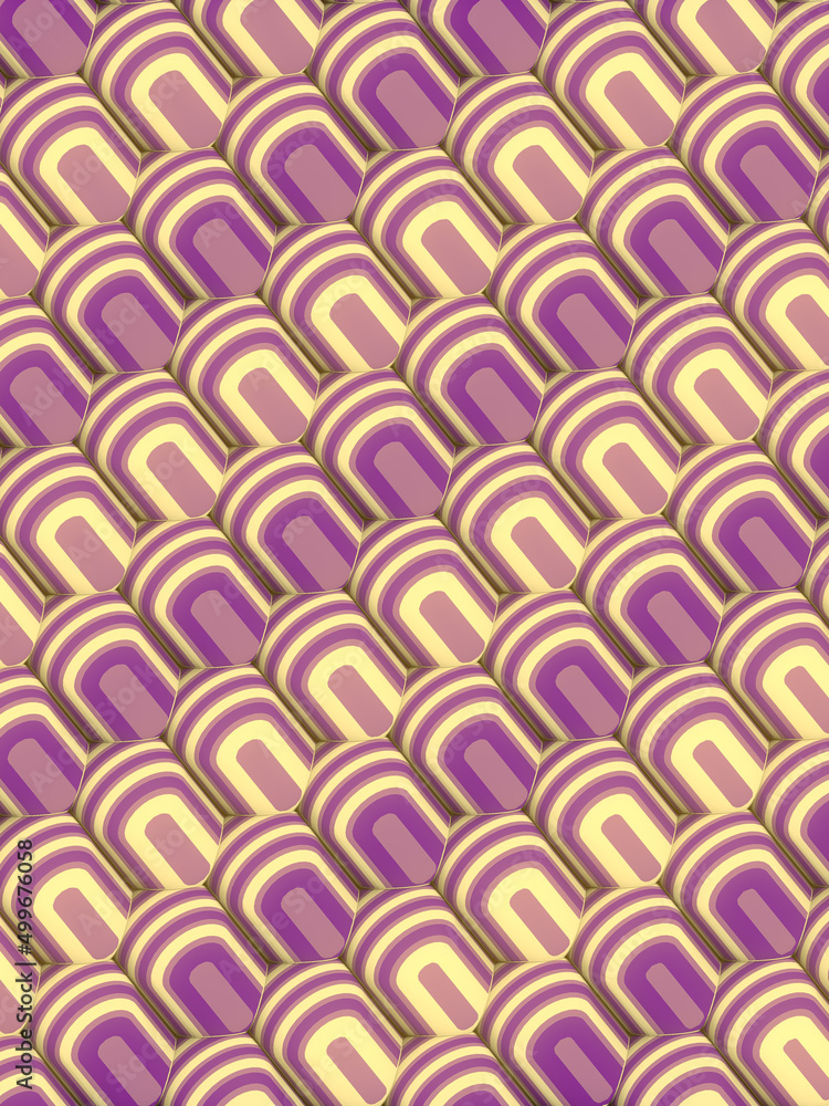 Poster group of geometric shapes covered with a pink colored striped texture. 3d rendering digital illustra