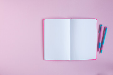 notebook and stationery on a pink background.
