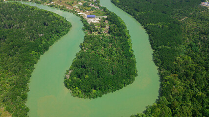 Aerial drone view of a river with mangrove swamp in Sedili Kecil, Johor, Malaysia