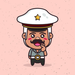 Cute police cartoon character. Saranghae (I love you). Korean sign. Isolated vector illustration on cream background.