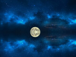  moon on starry sky  bright dark shiny  clear nebula star flares  fall background copy space template