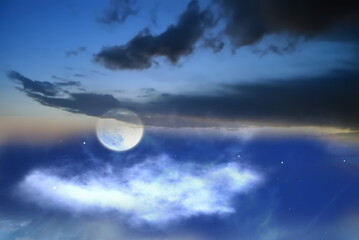 Naklejka na ściany i meble moon on starry sky bright dark shiny clear nebula star flares fall background copy space template