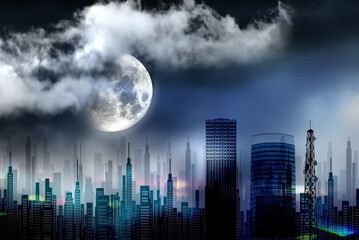 dramatic sky and clouds at sunset yellow bluw pink big moon and on horizon modern city buildings shadow nature industrial urban landscape 