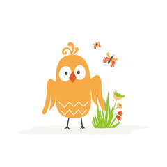 Cartoon bird with a grass bush with flowers on a white background. Vector illustration.