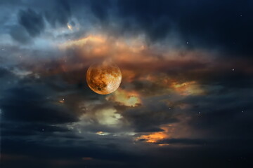 Obraz na płótnie Canvas dramatic cloudy sky at sunset and moon on starry sky bright dark shiny clear nebula star flares fall background copy space template