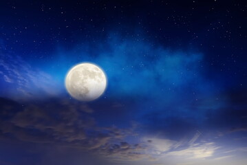 Fototapeta na wymiar moon on starry sky bright dark shiny clear nebula star flares fall background copy space template