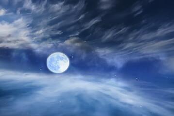  moon on starry sky  bright dark shiny  clear nebula star flares  fall background copy space template