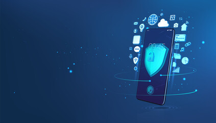 The concept of full protection of the mobile phone from personal data leakage. Secure internet connection, vpn, encryption, anti virus software. Cyber security and protection smartphone. Vector banner
