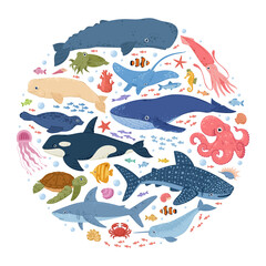 Cartoon ocean underwater animals, seahorse, medusa, whale and fish. Ocean wild life, sea animals round composition vector concept illustration. Marine fauna mascots © GreenSkyStudio