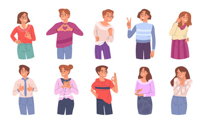 Obraz na płótnie Canvas Happy people showing positive gestures, thumbs up and ok sign. Positive person communication gestures, hand heart and applause vector symbols illustrations set. Excited characters body language
