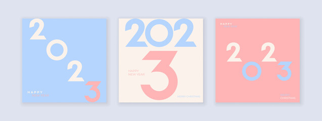 Creative concept of 2023 Happy New Year posters set. Design templates with typography logo 2023 for celebration. Pastel colors design. Minimalistic trendy backgrounds for branding, banner, cover, card