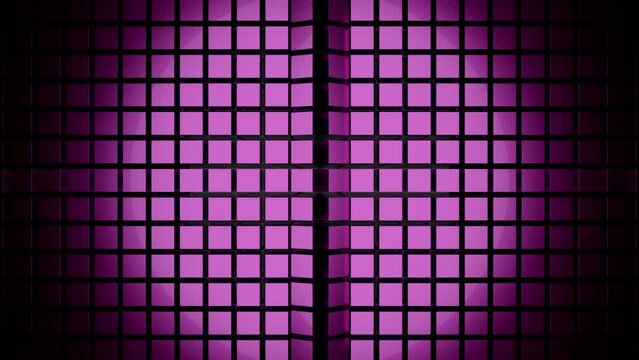 Abstract pink wall of same size squares with a vertical moving wave. Design. Cubic shaped background with a round light spot.