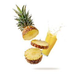 Fresh juicy tropical fruit pineapple and smoothie glass with splash flying isolated on white...