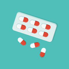 Packaging with medicines. Medical, therapeutic pills, capsules, tablets. Medicines, medications for treatment. Logo of pharmacy. Medical pills icon. Vector illustration