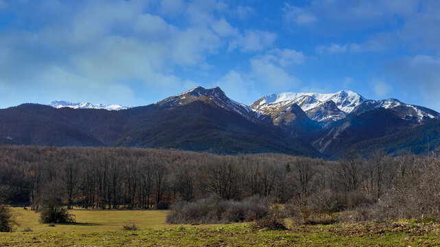 The mountain peaks of Mount Agrafa from the artificial lake Lake Plastira in Karditsa in Greece