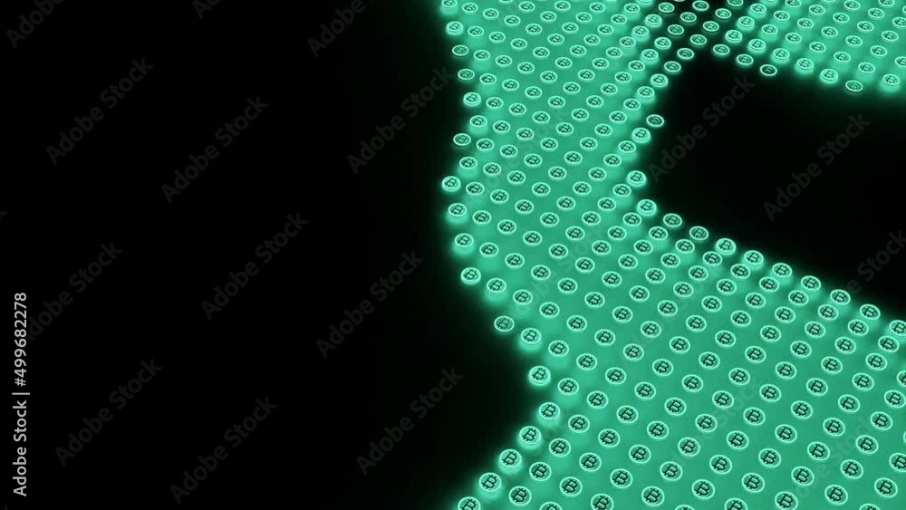 Poster abstract unusual spinning field of tiny bitcoin icons isolated on a black background, seamless loop.