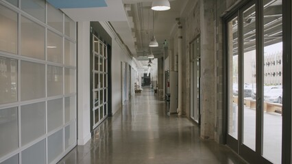 Crosstown Concourse in midtown Memphis, Tennessee. Businesses, Windows, Tall Buildings, Stairs.