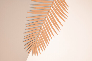 Pale Orange Tropical Leaf on a Beige and Light Brown Background. Simple Modern Flatlay Paper Cut Palm  Tree Leaf on a Geometric Backdrop ideal for Card, Greetings.Top-Down View. No text.