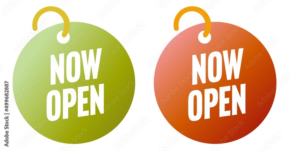 Poster now open tag design template set. open label for online business market vector illustration. hanging