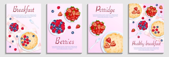 Fototapeta na wymiar Porridge and berries. Raspberry, cranberry, strawberry and blueberry. Breakfast, healthy food, dieting concept. Set of a4 vector illustration for flyer, poster, banner.