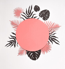 Obraz premium Round Shape Frame with Pink and Brown Tropical Leaves on a White Background. Simple Modern Composition with Paper Cut Palm and Monstera Leaves ideal for Banner, Card, Greetings.Top-Down View. No text.