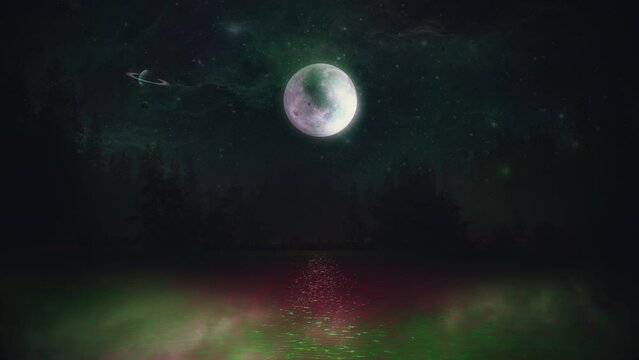 Space Woods Misty Lake Spooky Forest Moonlight. Lake in the forest lighten by a bright full moon and heavy mist. Planets in space
