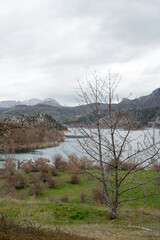 Beautiful landscape at Caldas de Luna, Leon. Water reservoir and nature around. Spain