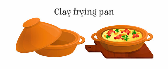 Vector isolated illustration with a clay frying pan, Georgian ketsi, empty with and ready made food. The concept of frying pans, tableware. It can be used in web design, banners, etc.